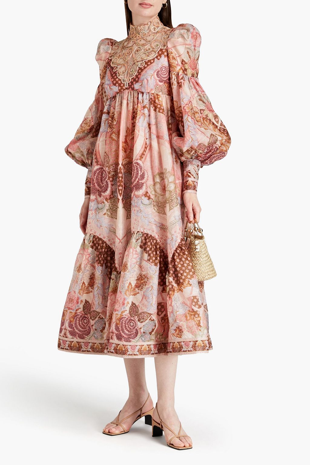 ZIMMERMANN Tulle-paneled floral-print linen and silk-blend midi dress