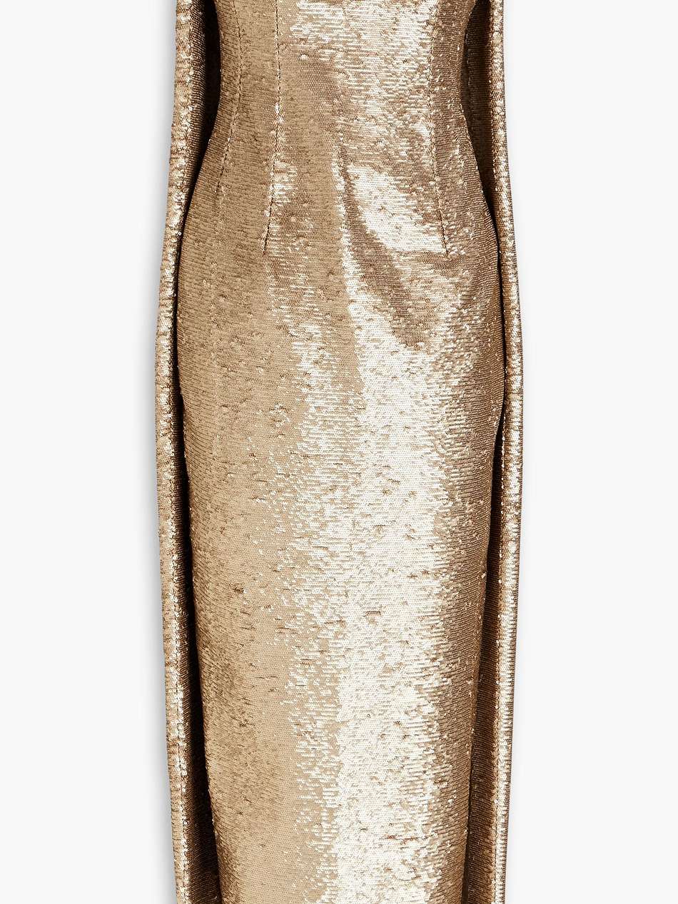 strapless cape-effect sequined mesh midi dress