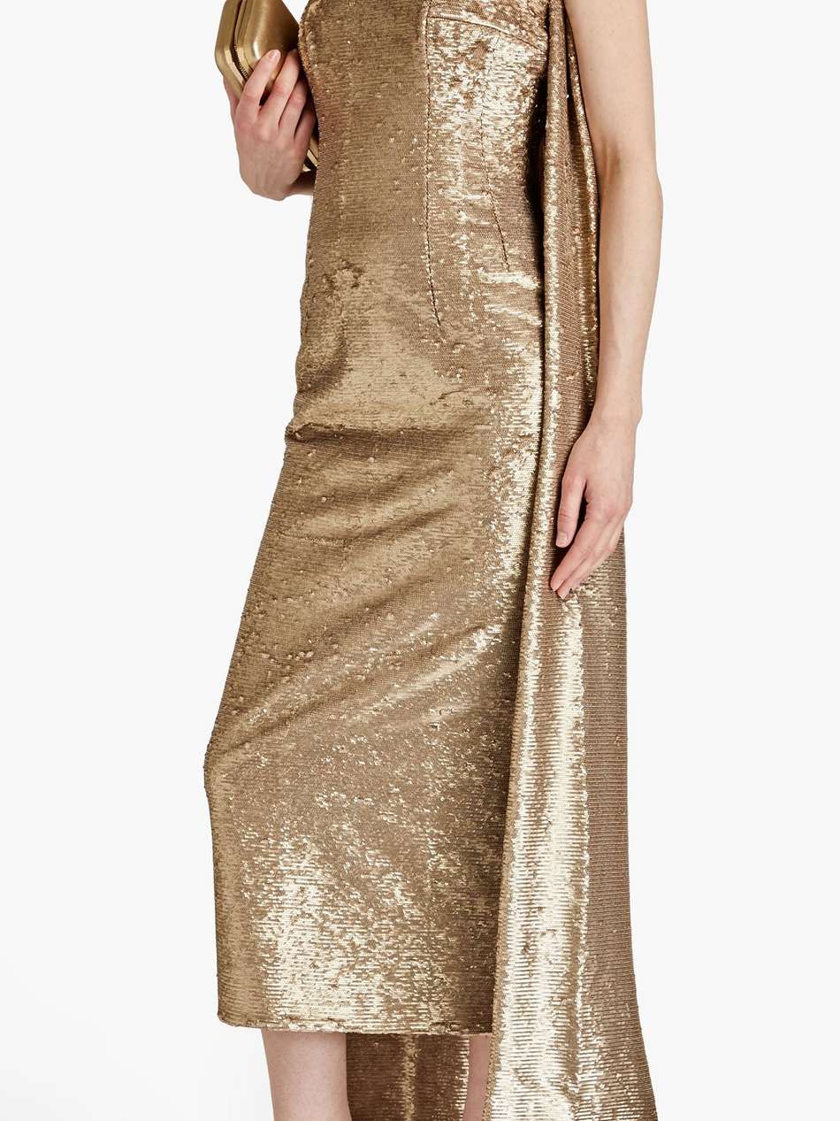 strapless cape-effect sequined mesh midi dress