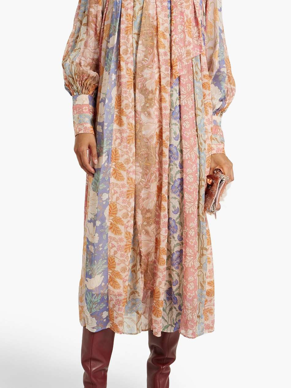 pussy-bow printed chiffon midi dress