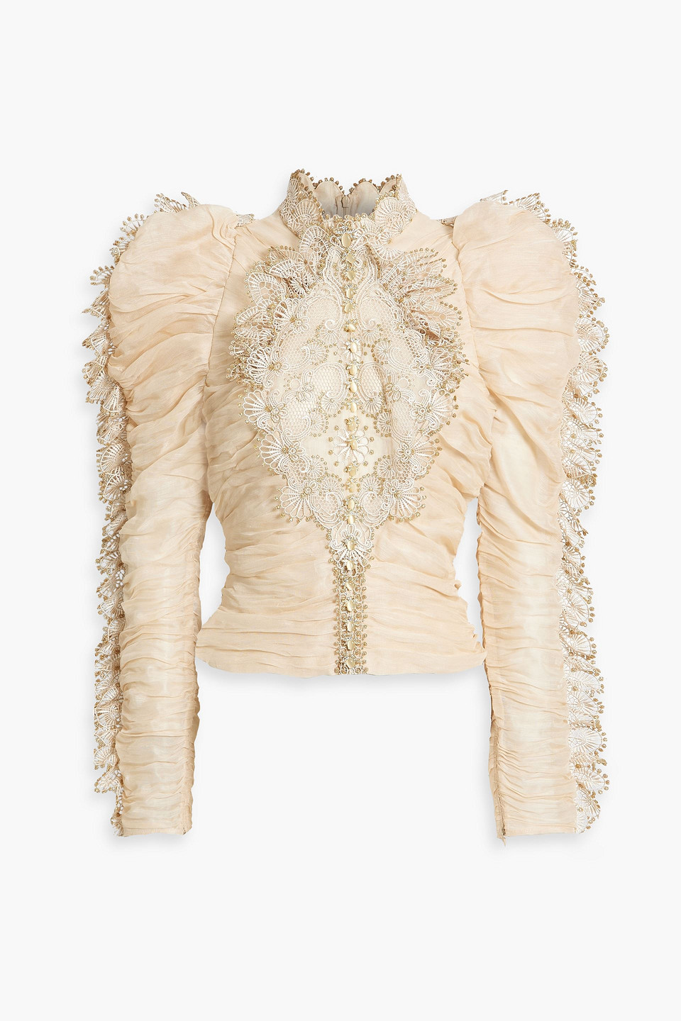 Zimmermann Crochet-paneled Ruched Linen And Silk-blend Top In Sand