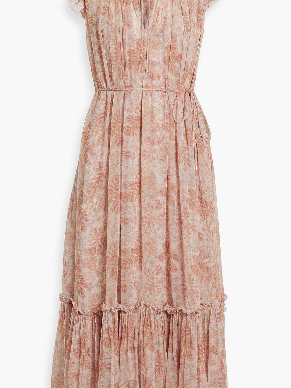 gathered printed chiffon midi dress