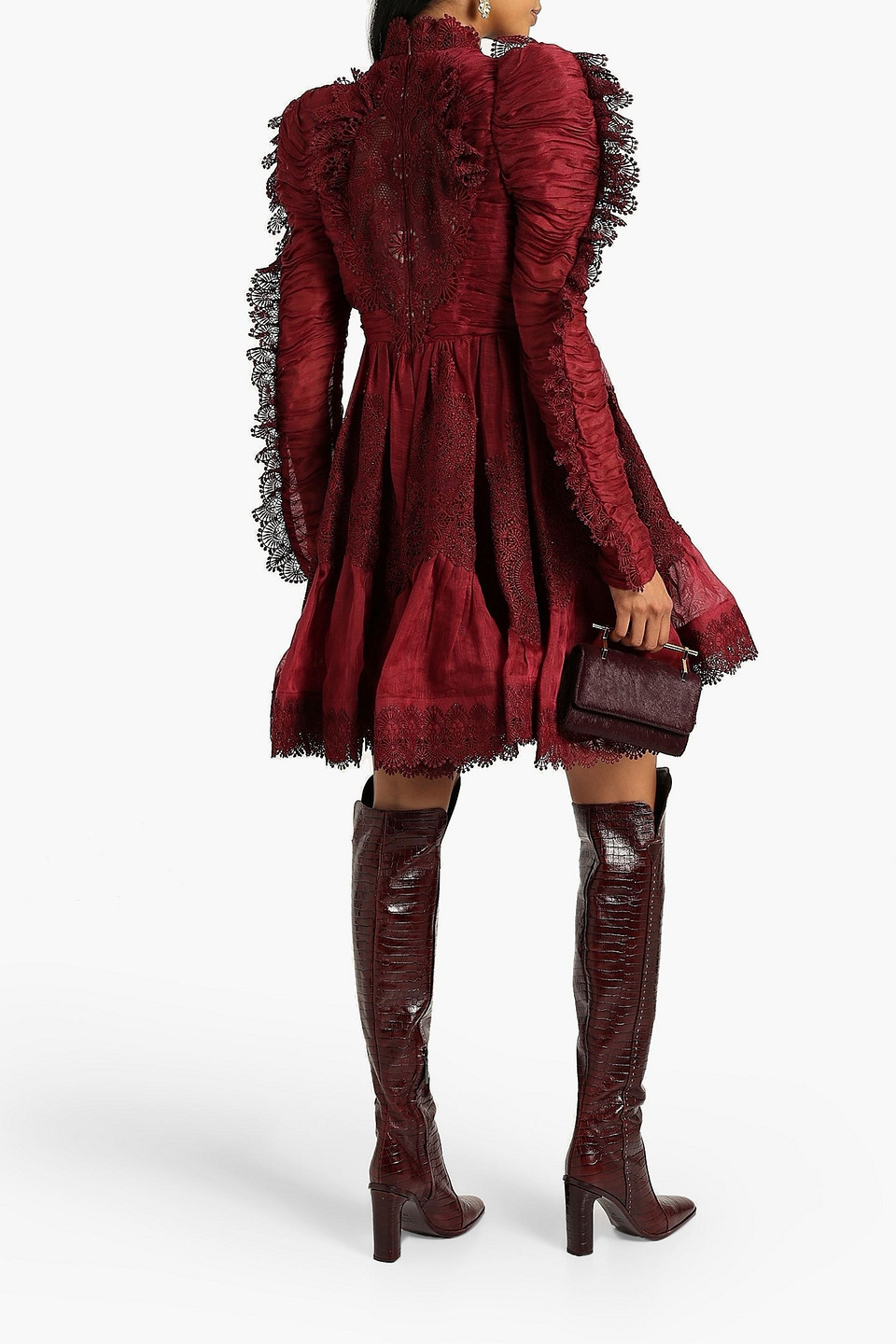 Shop Zimmermann Guipure Lace-trimmed Linen And Silk-blend Mini Dress In Claret