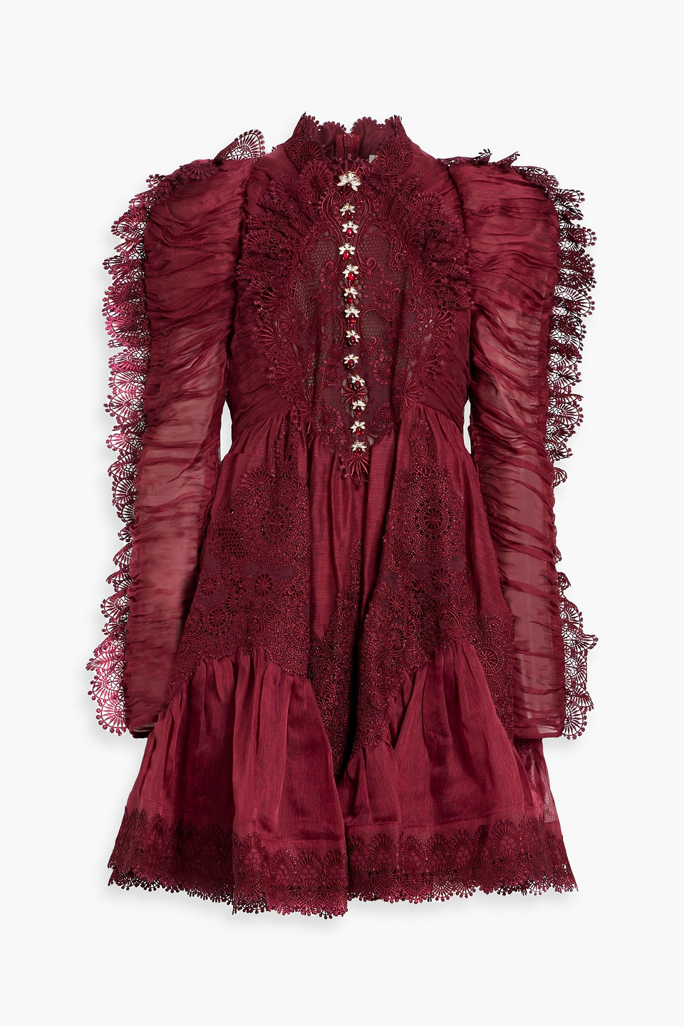 Zimmermann Guipure Lace-trimmed Linen And Silk-blend Mini Dress In Claret