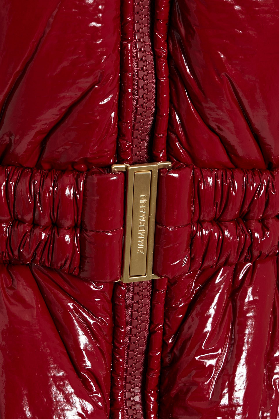 Shop Zimmermann Belted Quilted Vinyl Down Coat In Crimson