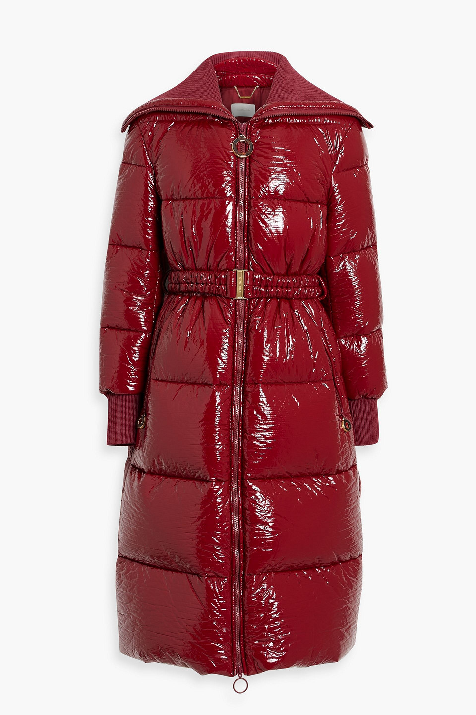 Zimmermann Belted Quilted Vinyl Down Coat In Crimson