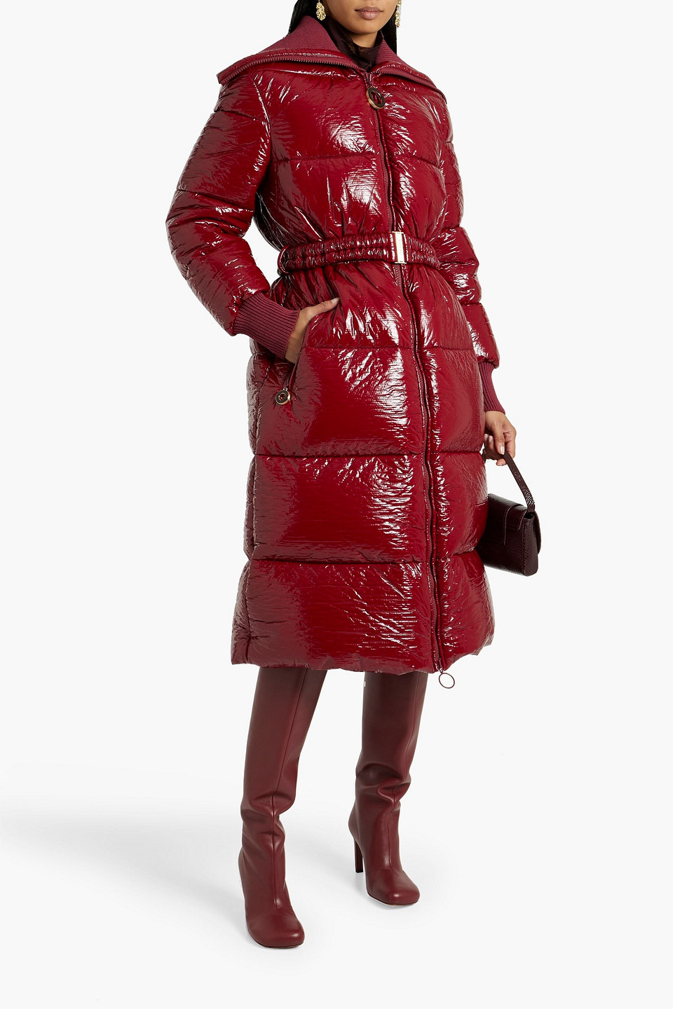 Shop Zimmermann Belted Quilted Vinyl Down Coat In Crimson