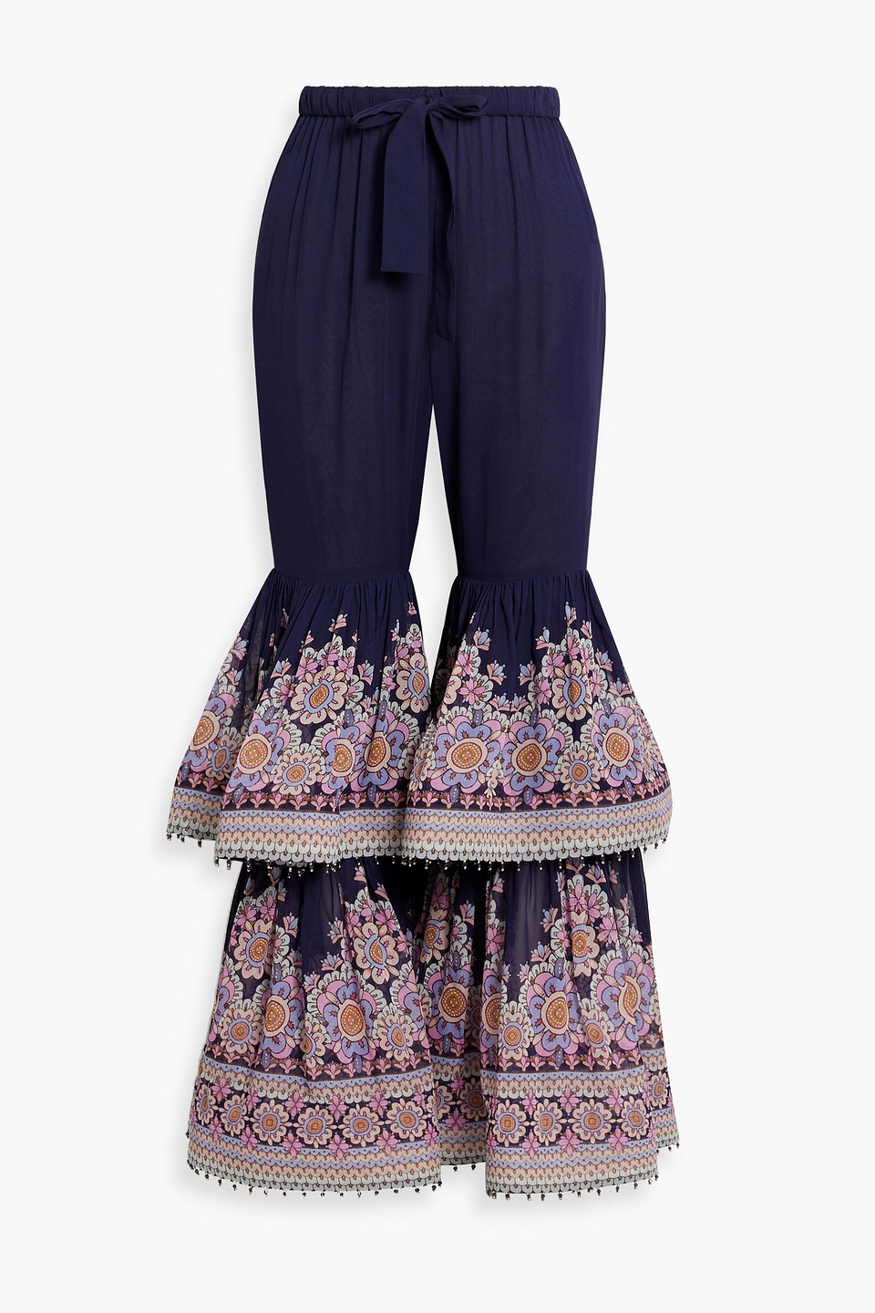 Zimmermann Gestufte Schlaghose Aus Chiffon Mit Floralem Print In Navy