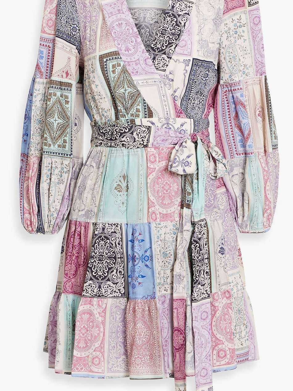 patchwork-effect printed crepe mini wrap dress