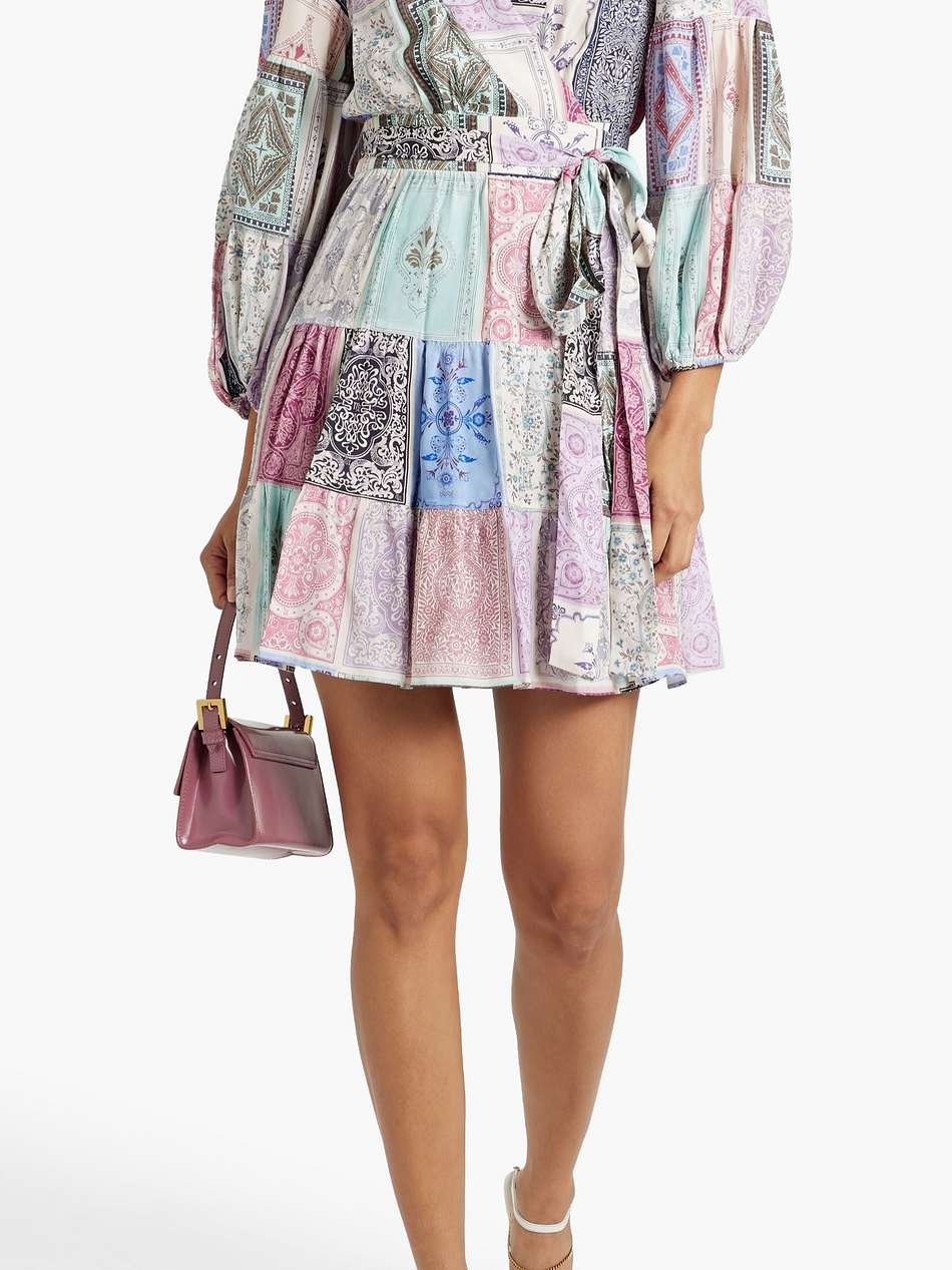 patchwork-effect printed crepe mini wrap dress