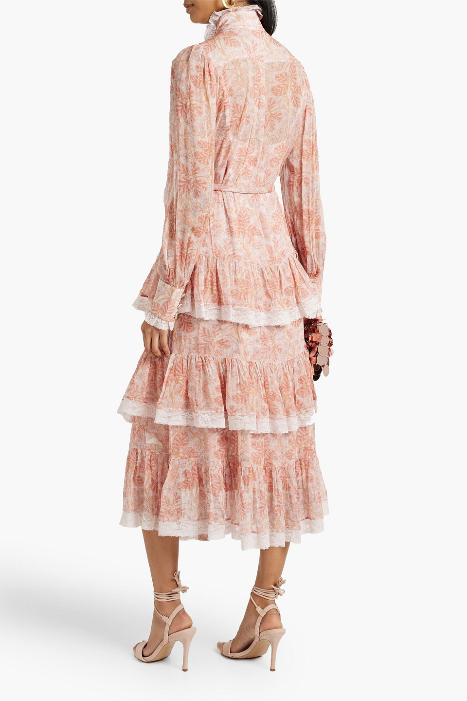 Lace-trimmed Ruffled Georgette Midi Dress In Blush