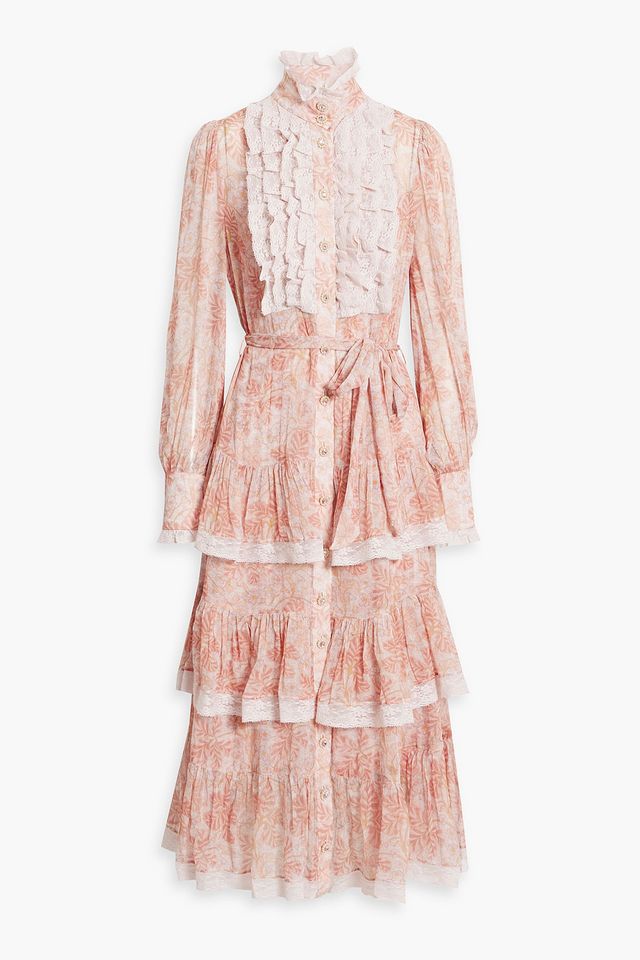 Lace-trimmed ruffled georgette midi dress