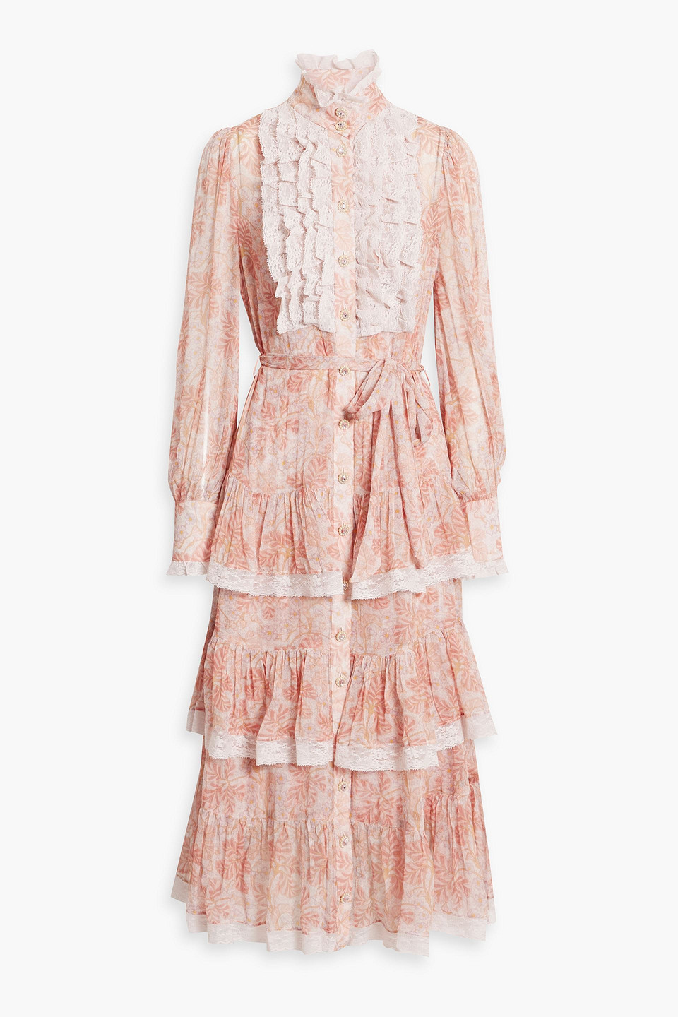 Lace-trimmed Ruffled Georgette Midi Dress In Blush