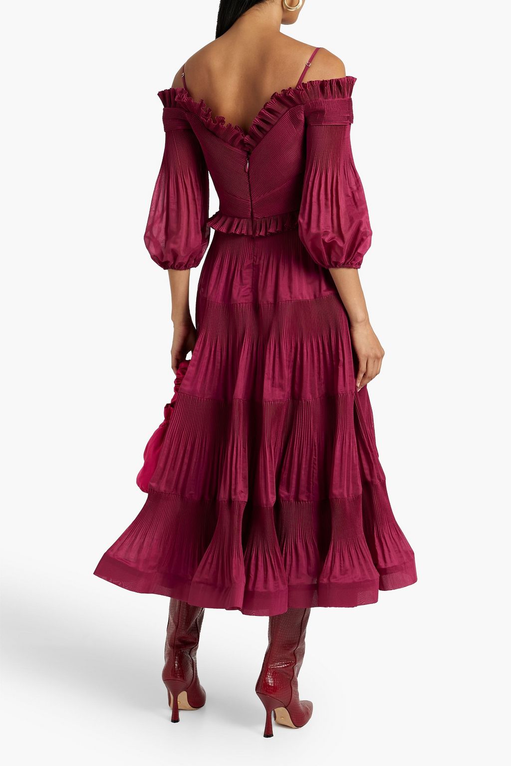 ZIMMERMANN Cold-shoulder plissé-organza midi dress