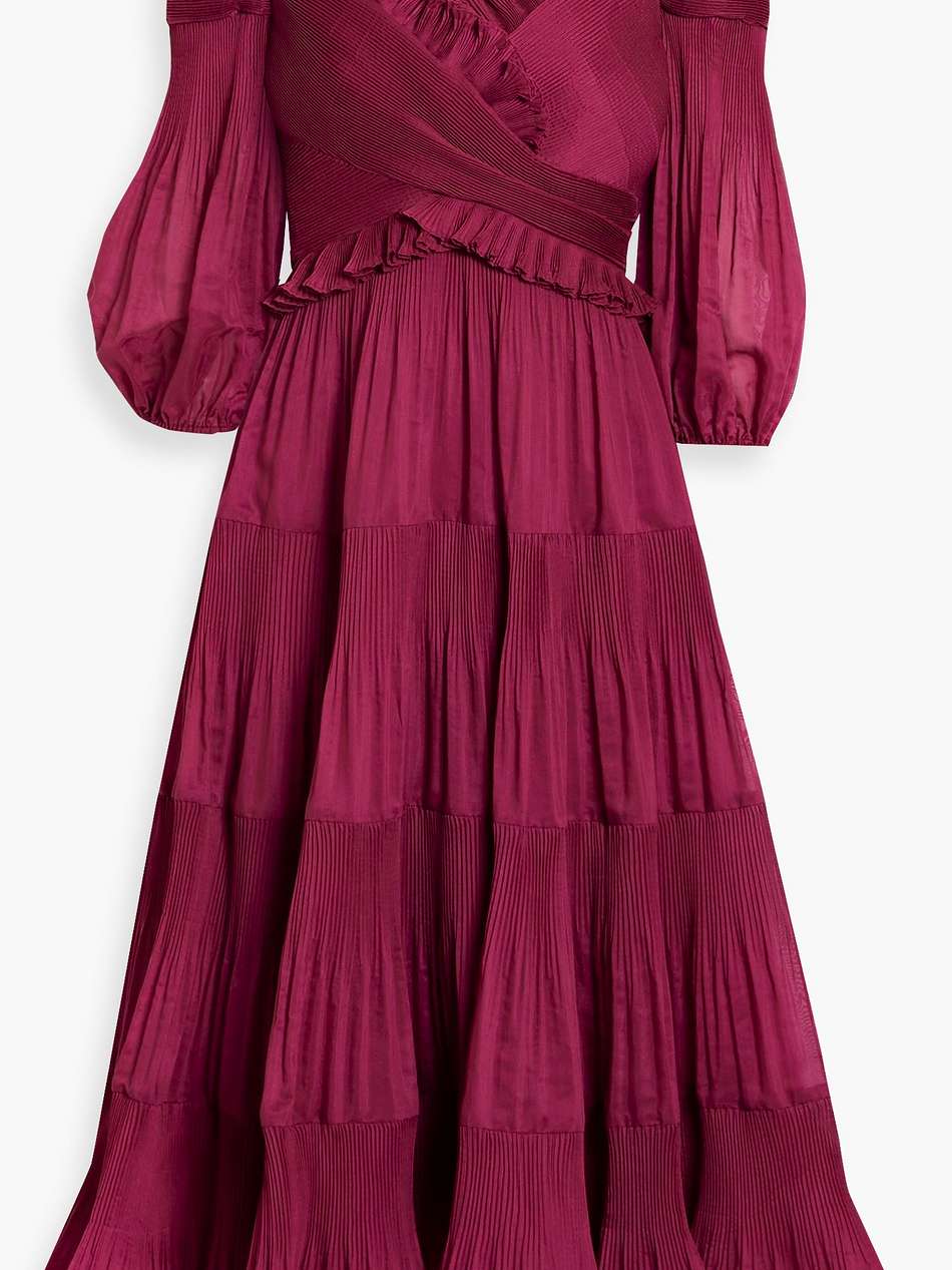 cold-shoulder plissé-organza midi dress