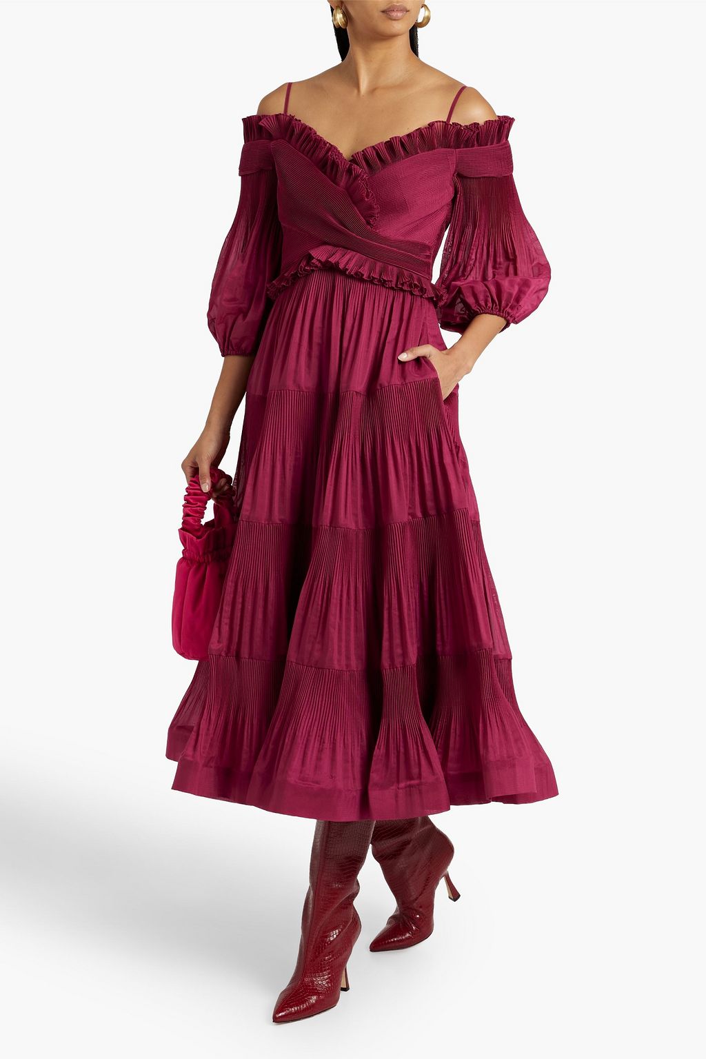 ZIMMERMANN Cold-shoulder plissé-organza midi dress