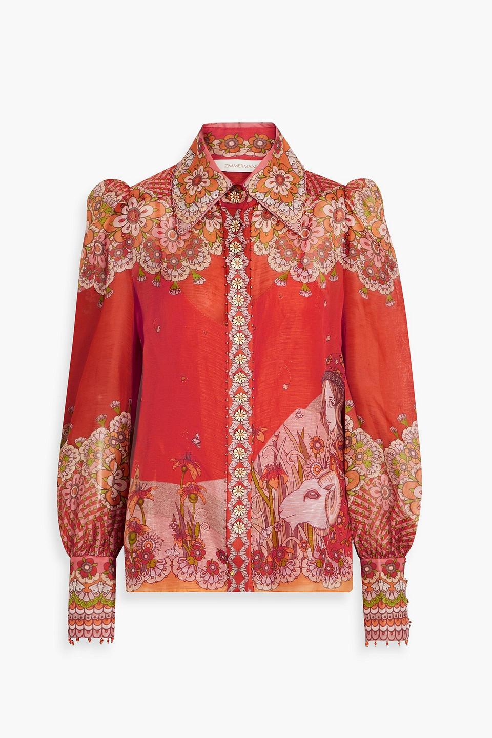 Zimmermann Embellished Printed Linen And Silk-blend Shirt In Tomato Red