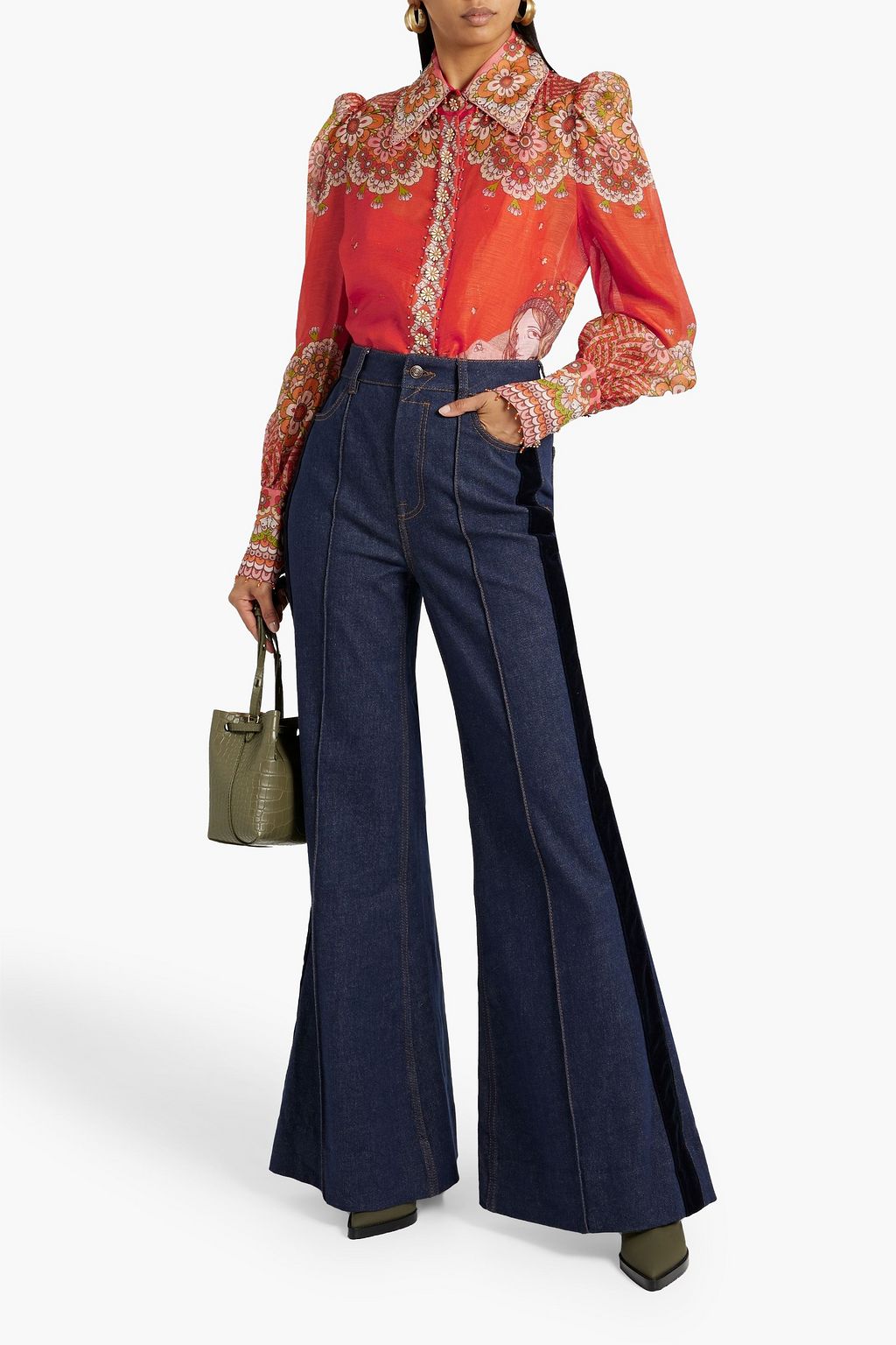 ZIMMERMANN Embellished printed linen and silk-blend shirt