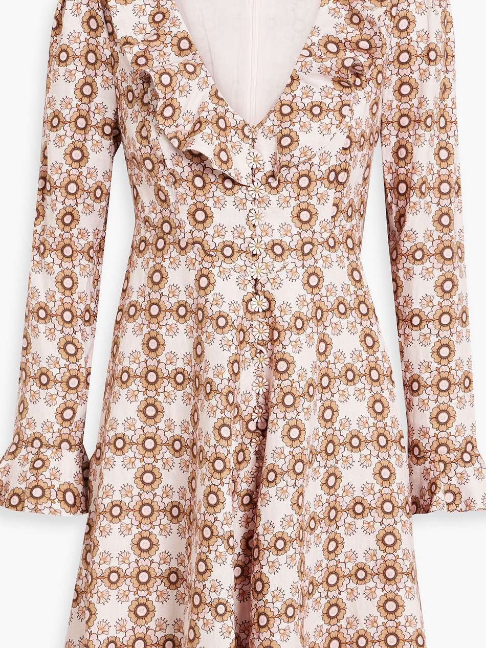 ruffled floral-print linen mini dress