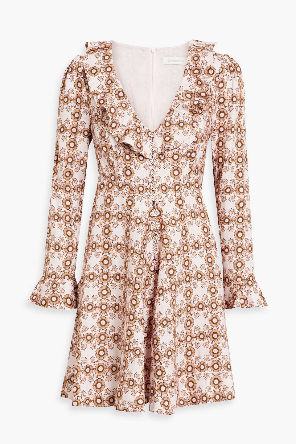 Zimmermann Ruffled Floral-print Linen Mini Dress In Baby Pink