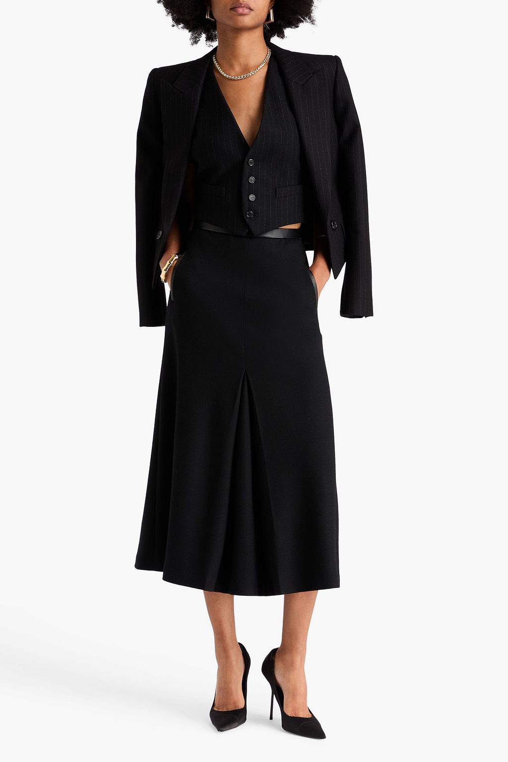 SAINT LAURENT ウール混ジャージー ミディスカート プリーツ入り