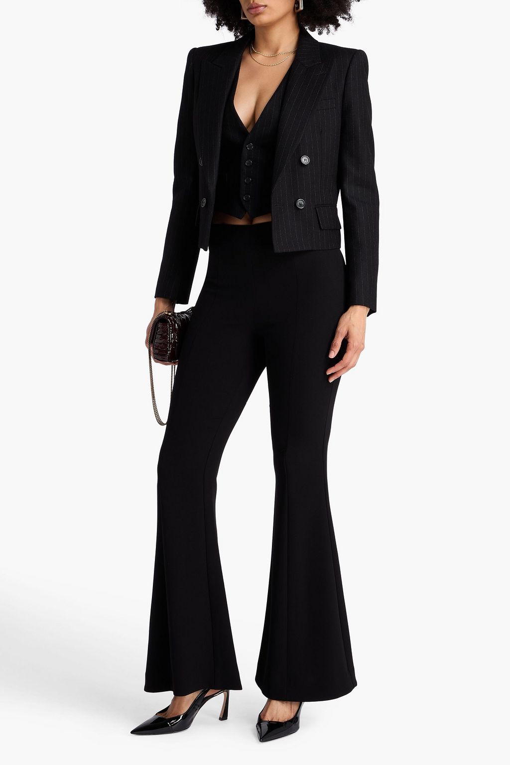 SAINT LAURENT Cropped double-breasted pinstriped wool and cotton-blend blazer