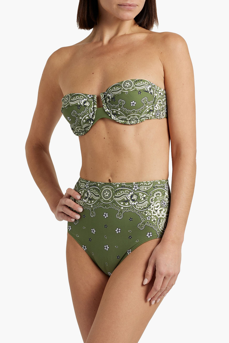 Zimmermann Separates Sculpt Paisley-print Underwired Bandeau Bikini Top In Army Green