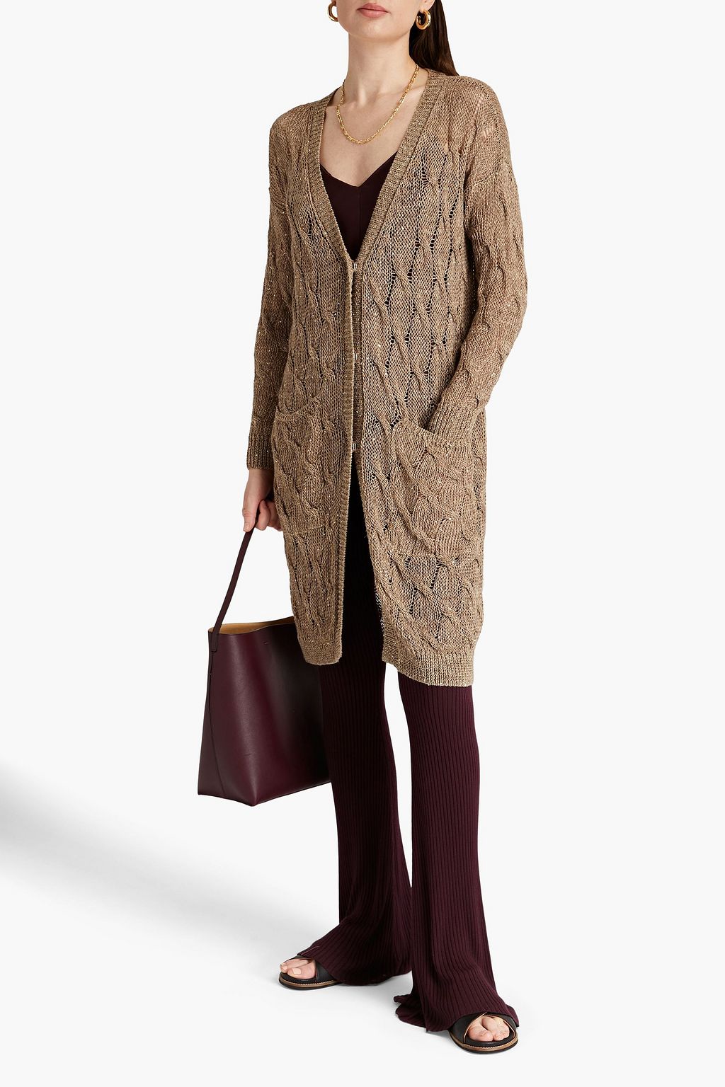GENTRYPORTOFINO Cardigan aus einer Leinenmischung mit Zopfstrickmuster und Pailletten