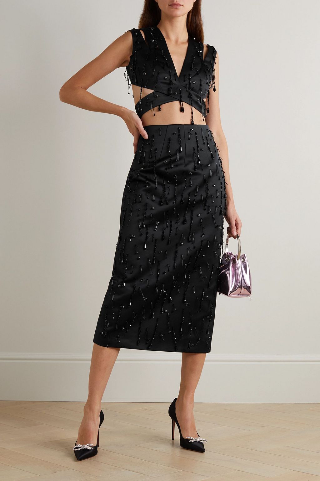 EMILIA WICKSTEAD Genevieve bead-embellished duchesse-satin midi skirt