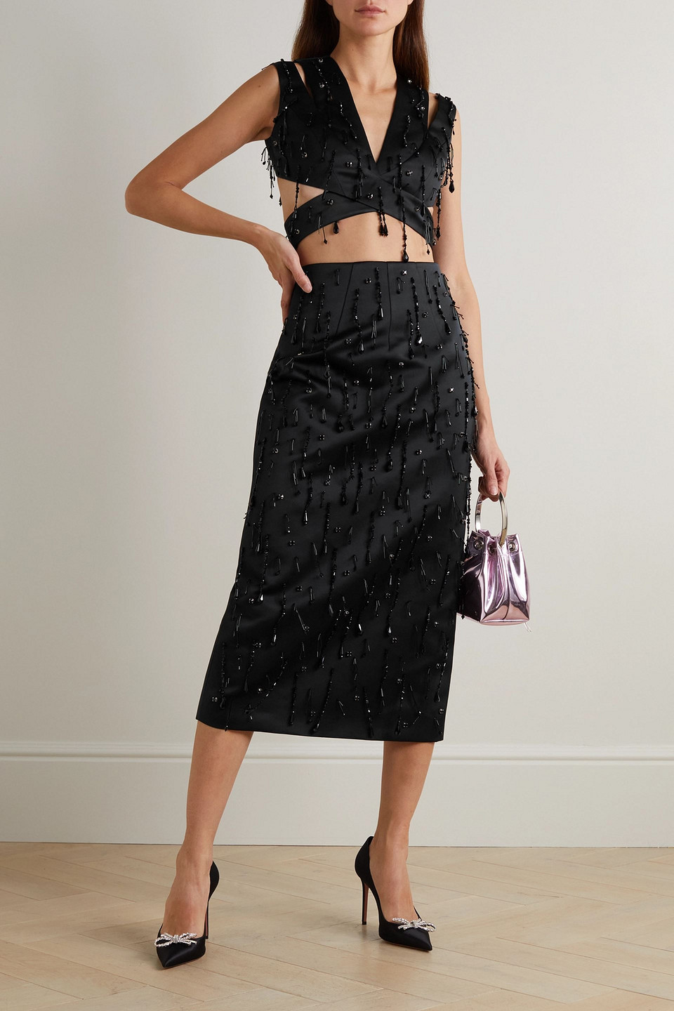 EMILIA WICKSTEAD GENEVIEVE BEAD-EMBELLISHED DUCHESSE-SATIN MIDI SKIRT