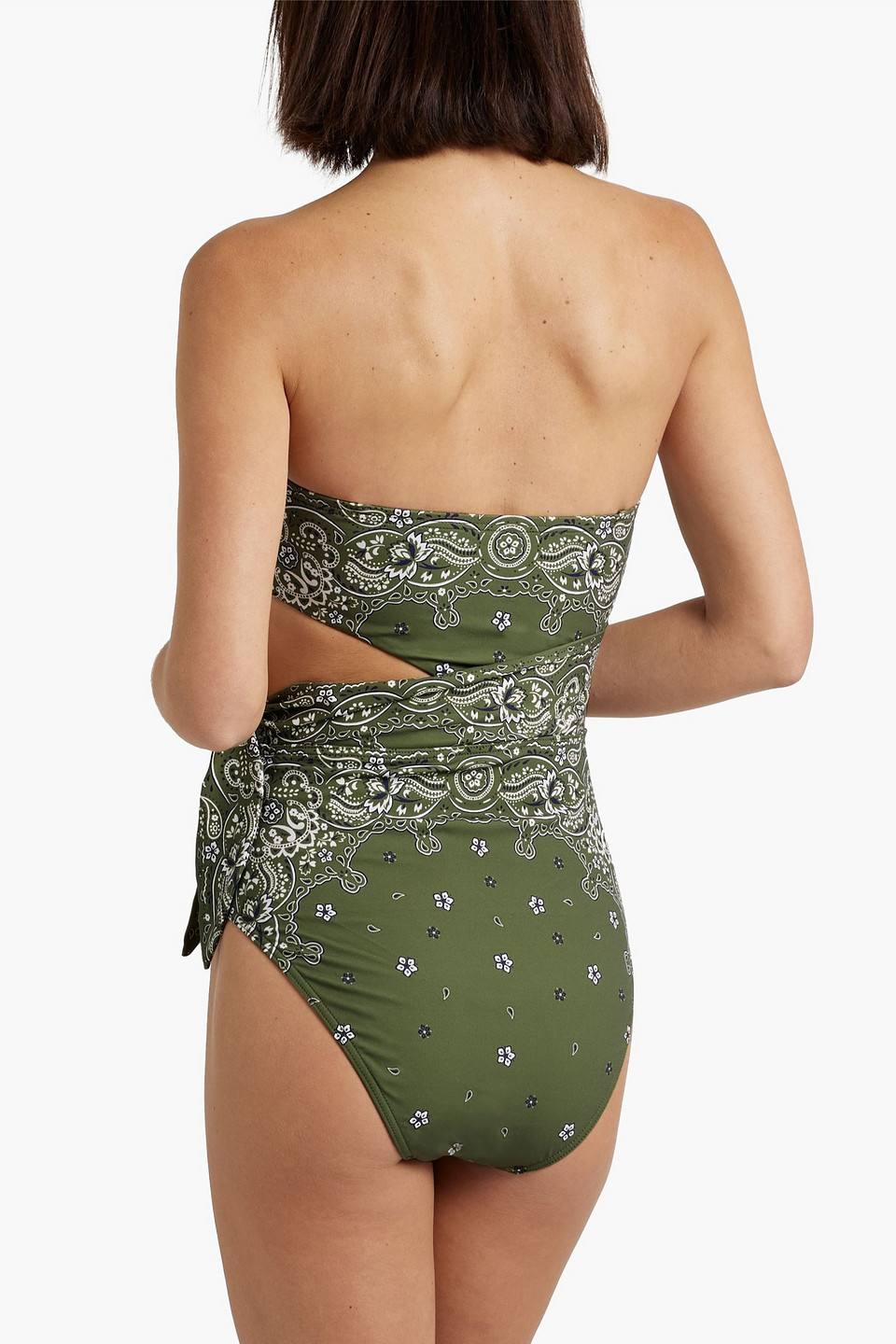 Shop Zimmermann Cutout Paisley-print Bandeau Swimsuit In Army Green