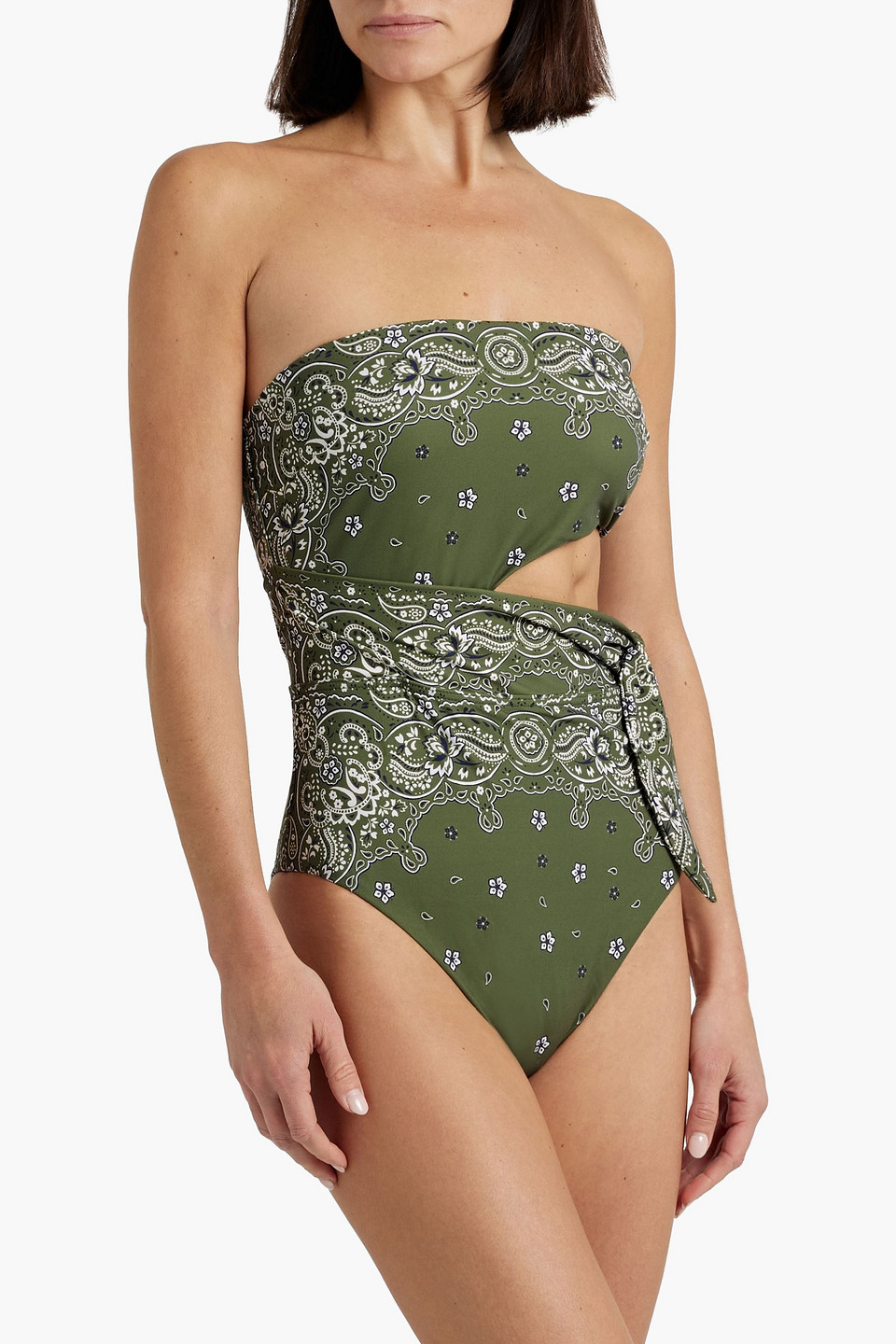 Shop Zimmermann Cutout Paisley-print Bandeau Swimsuit In Army Green