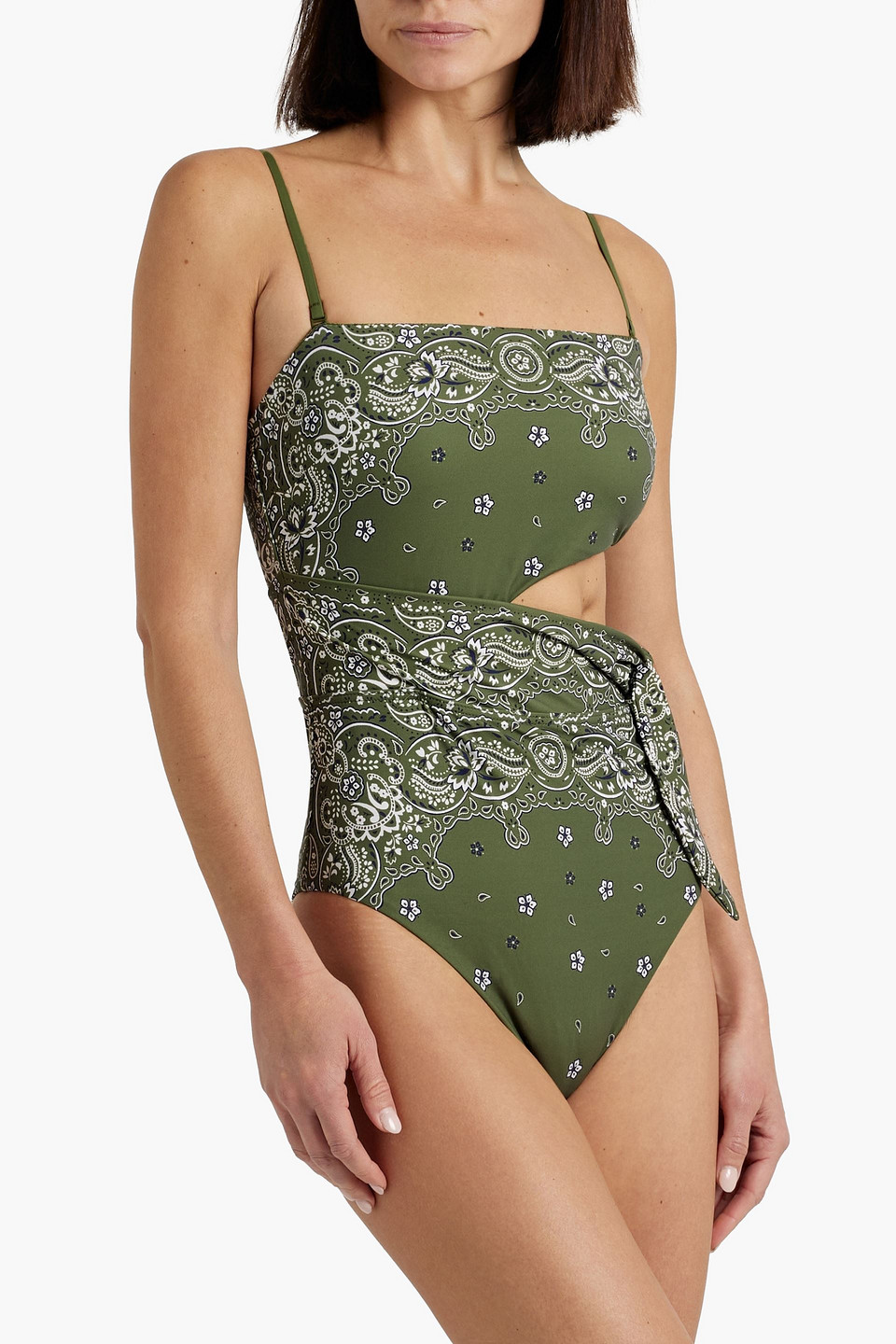 Shop Zimmermann Cutout Paisley-print Bandeau Swimsuit In Army Green