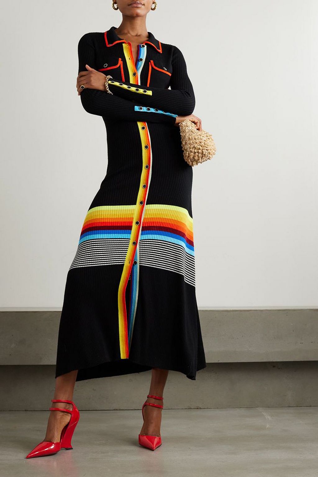 CHRISTOPHER JOHN ROGERS Striped ribbed wool-blend midi shirt dress