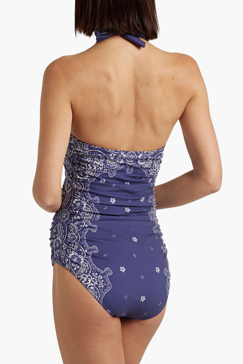 Zimmermann Separates Sculpt Ruched Printed Halterneck Swimsuit In Indigo