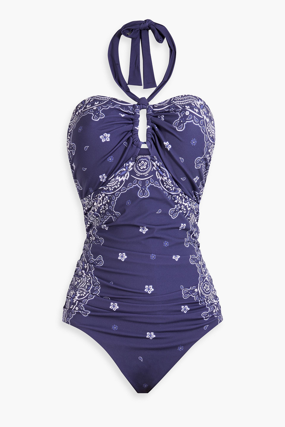 Zimmermann Separates Sculpt Ruched Printed Halterneck Swimsuit In Indigo