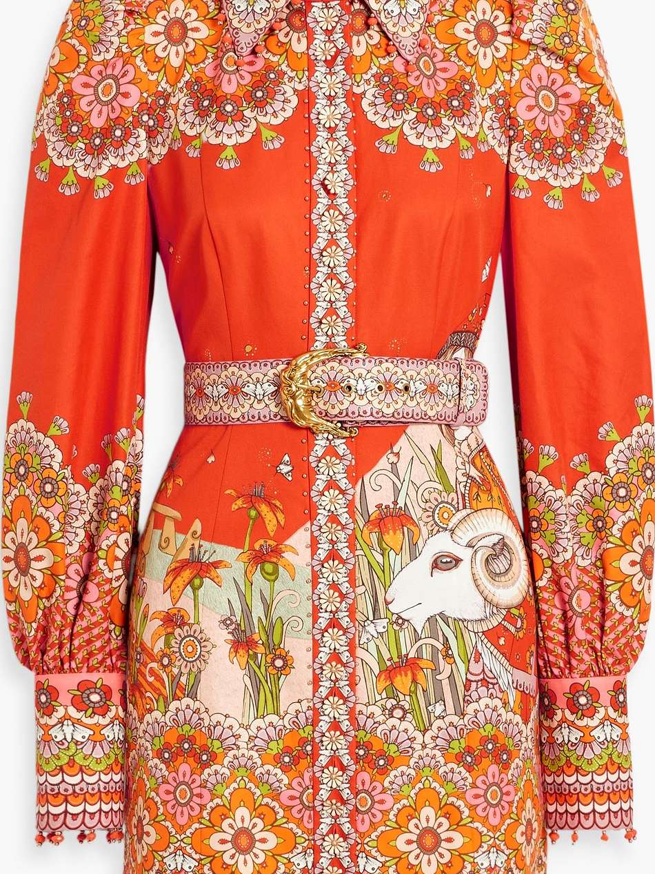 embellished belted cotton and silk-blend mini dress