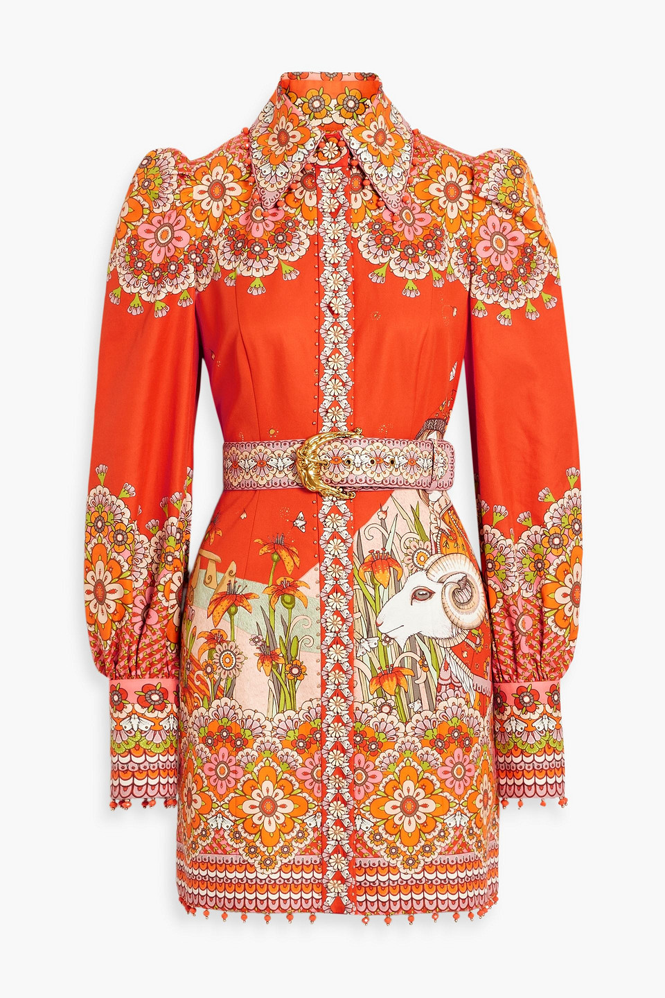 Zimmermann Embellished Belted Cotton And Silk-blend Mini Dress In Orange