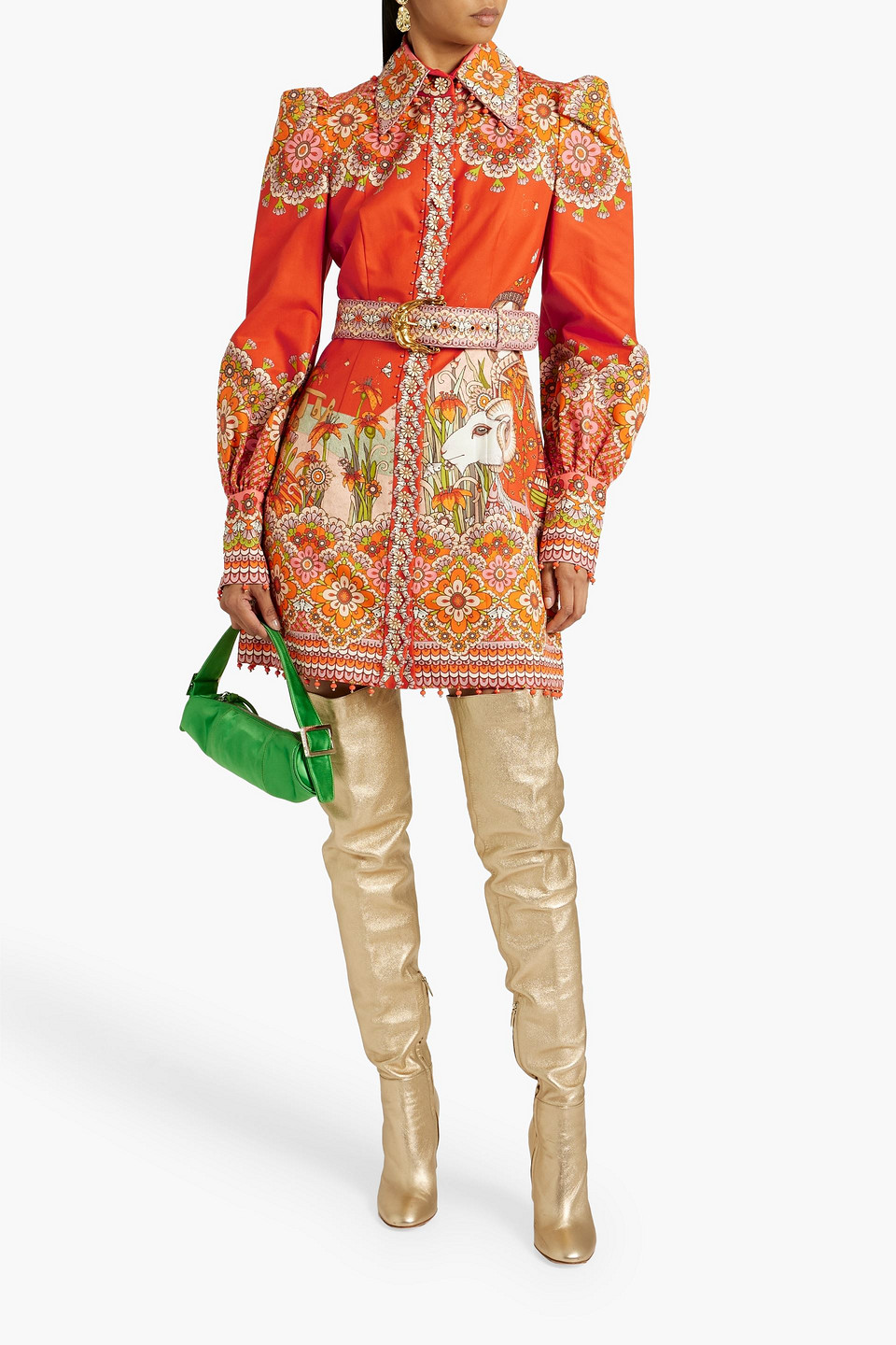 Shop Zimmermann Embellished Belted Cotton And Silk-blend Mini Dress In Orange