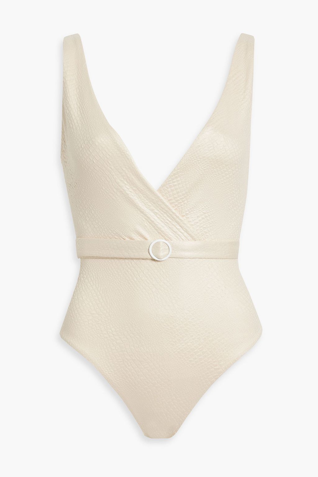 ONIA Michelle wrap-effect belted stretch-seersucker swimsuit