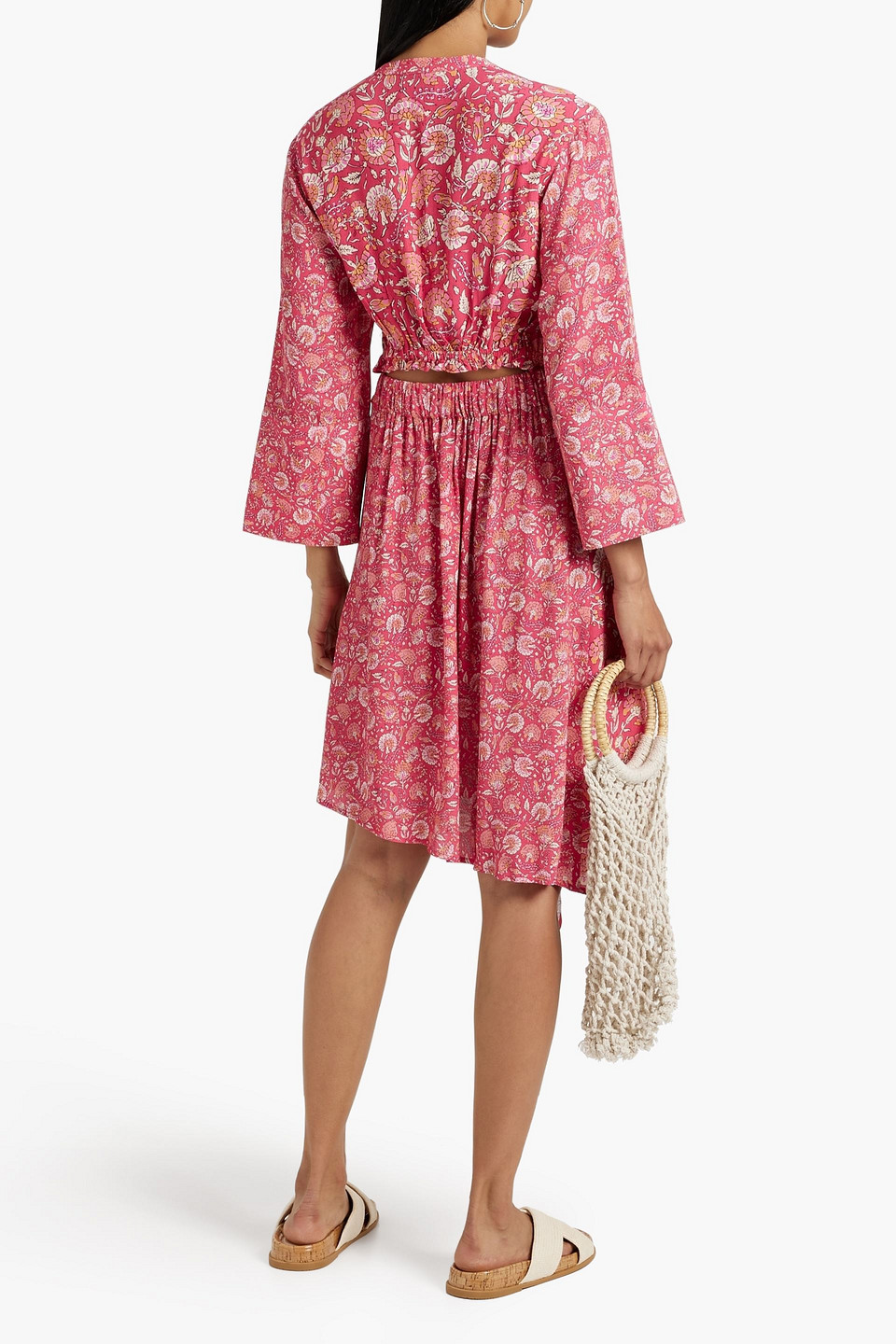 Shop Antik Batik Dandy Lace-up Printed Crepe Midi Dress In Pink