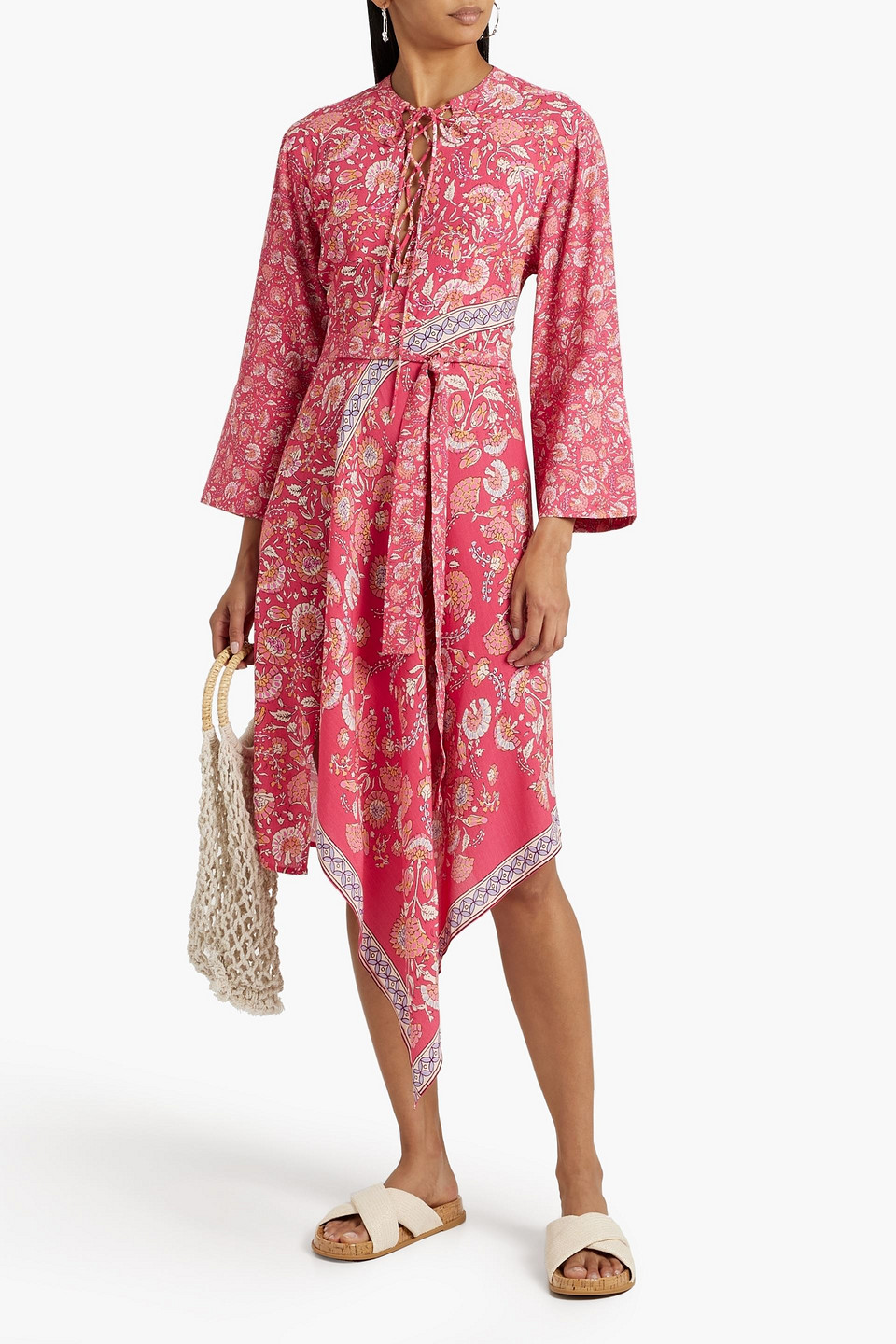 Shop Antik Batik Dandy Lace-up Printed Crepe Midi Dress In Pink