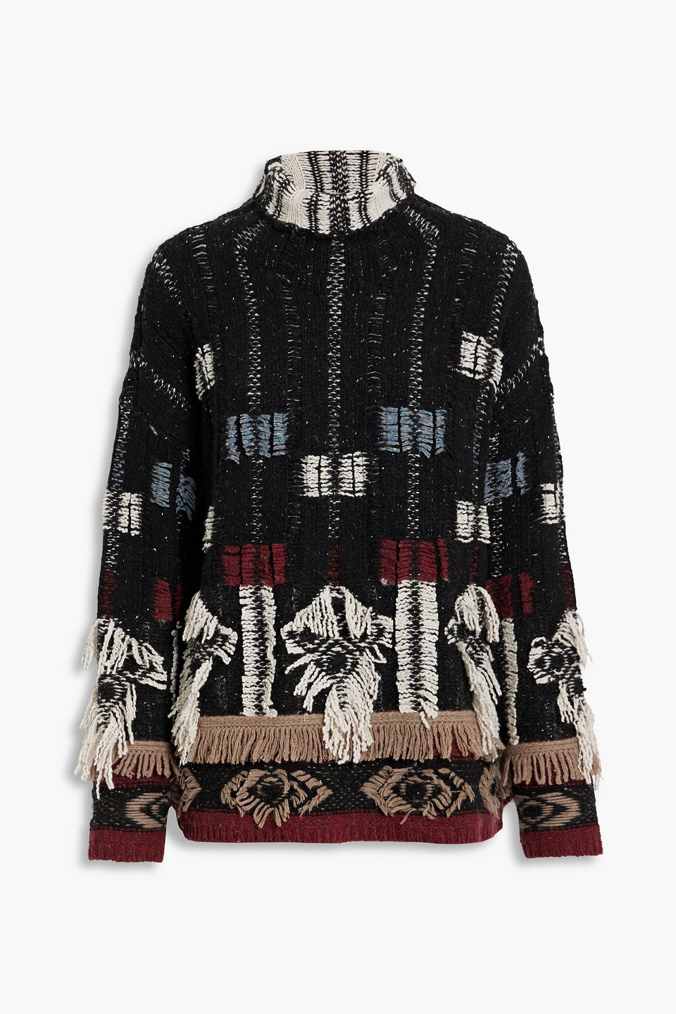 Fringed jacquard-knit merino wool-blend turtleneck sweater