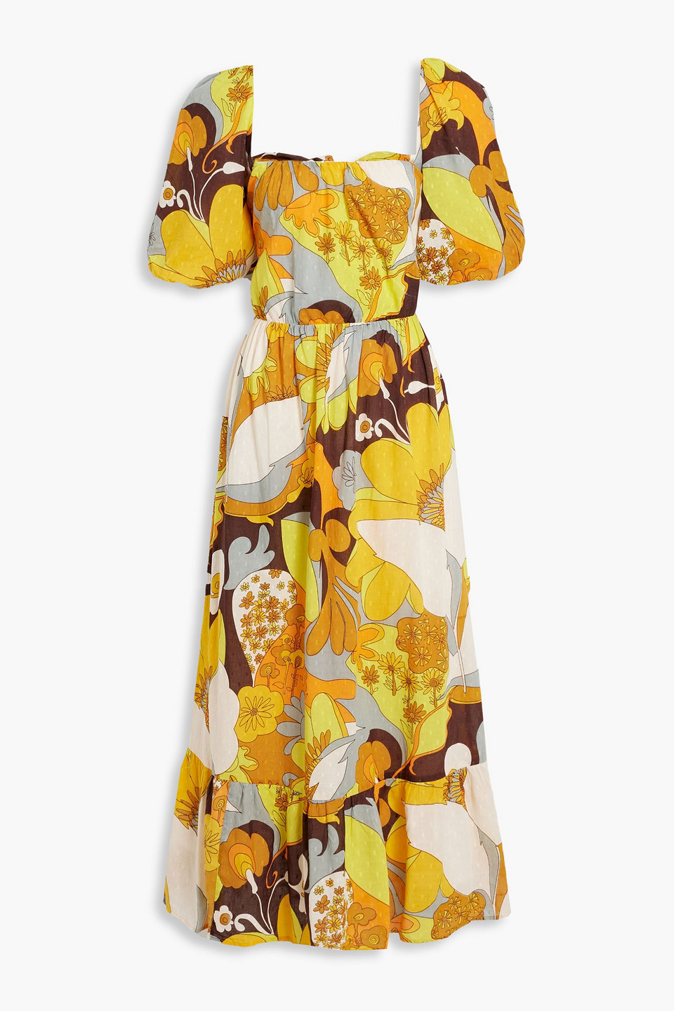 Antik Batik Bahia Bedrucktes Maxikleid Aus Baumwolle Mit Raffung Und Eingewebten Punkten In Yellow