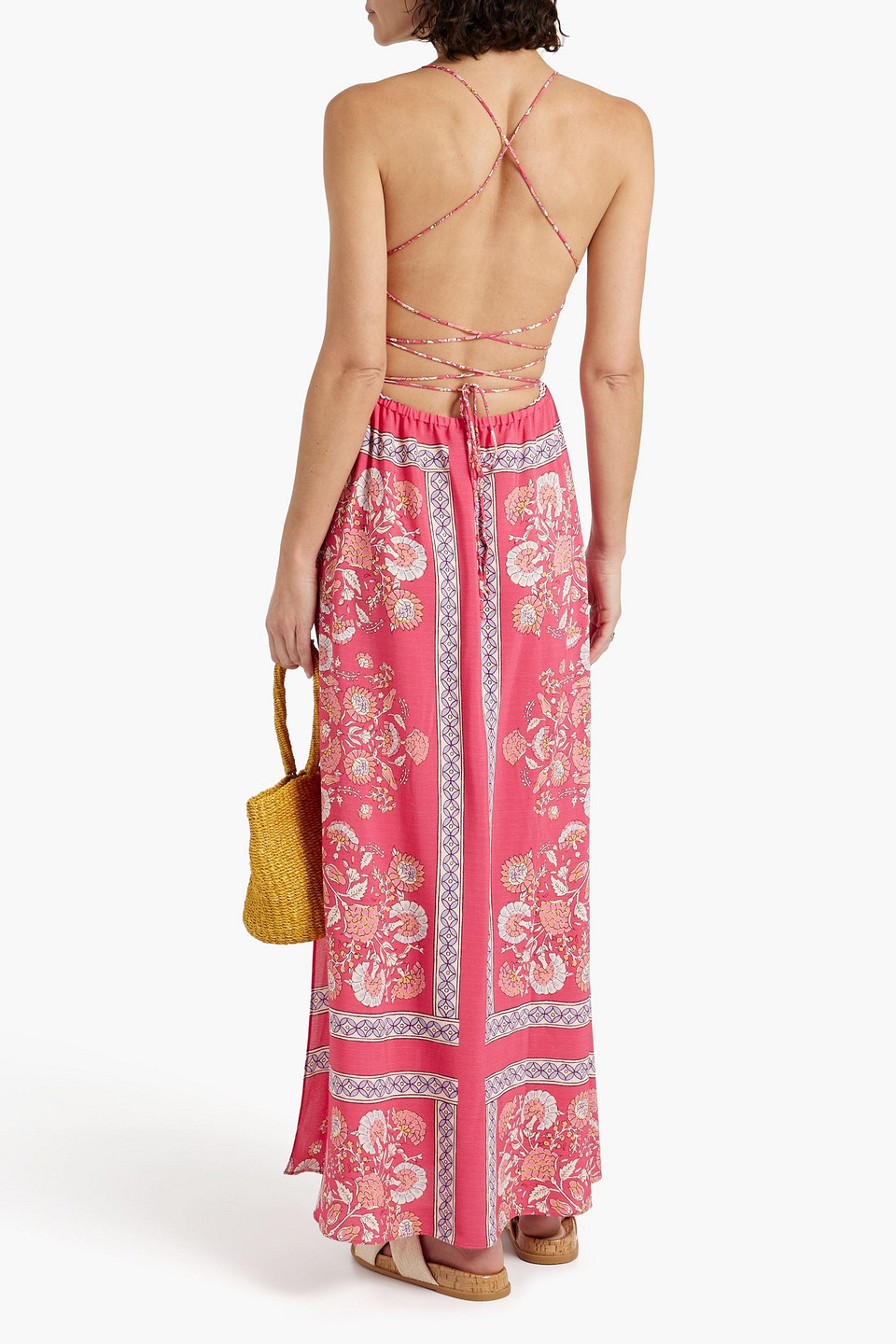 Shop Antik Batik Dandy Gathered Printed Crepe Maxi Dress In Pink