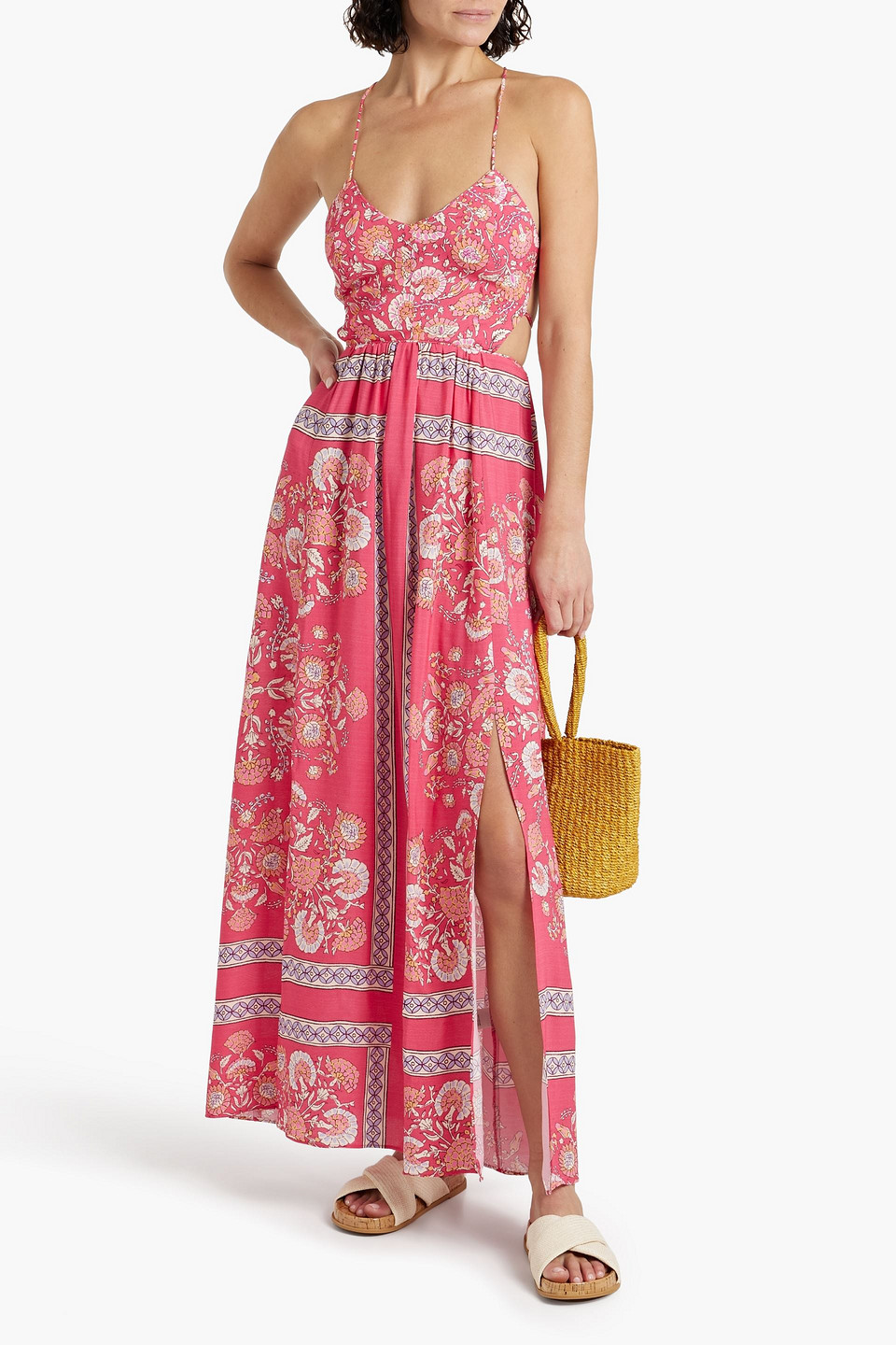 Shop Antik Batik Dandy Gathered Printed Crepe Maxi Dress In Pink