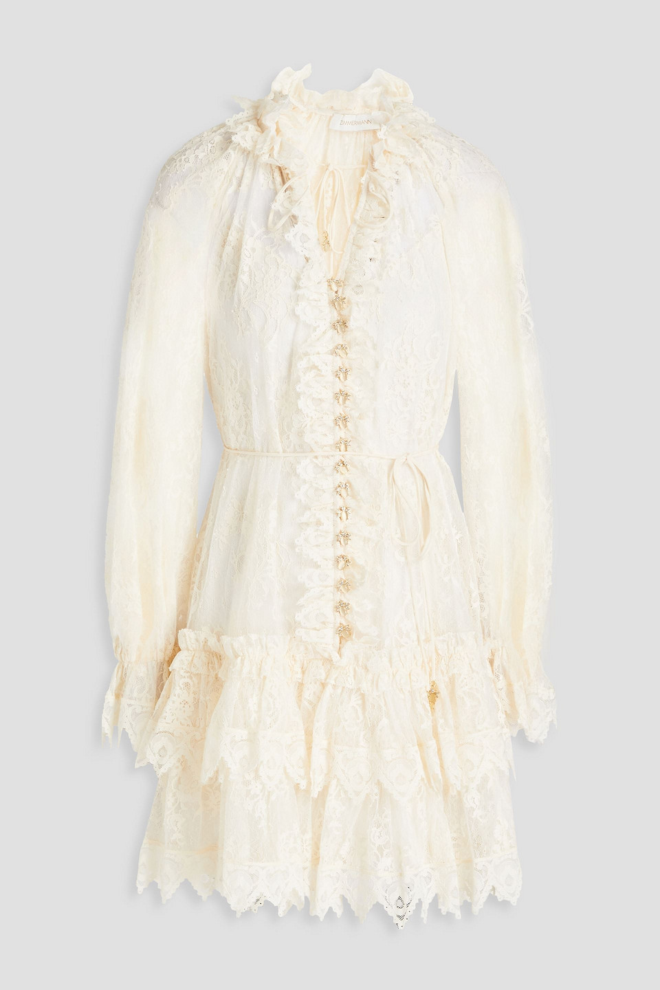 Zimmermann Tiered Ruffled Lace Mini Dress In White