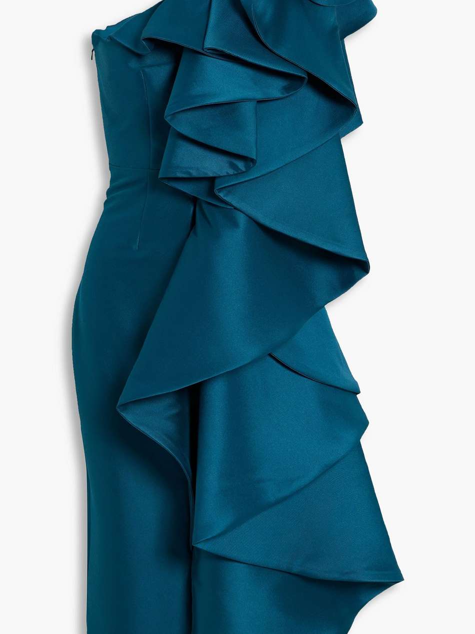 one-shoulder ruffled duchesse satin midi dress