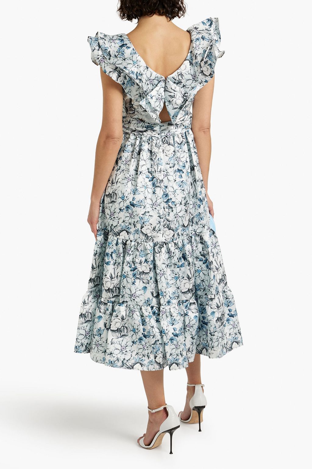 BADGLEY MISCHKA Ruffled floral-print satin-twill midi dress