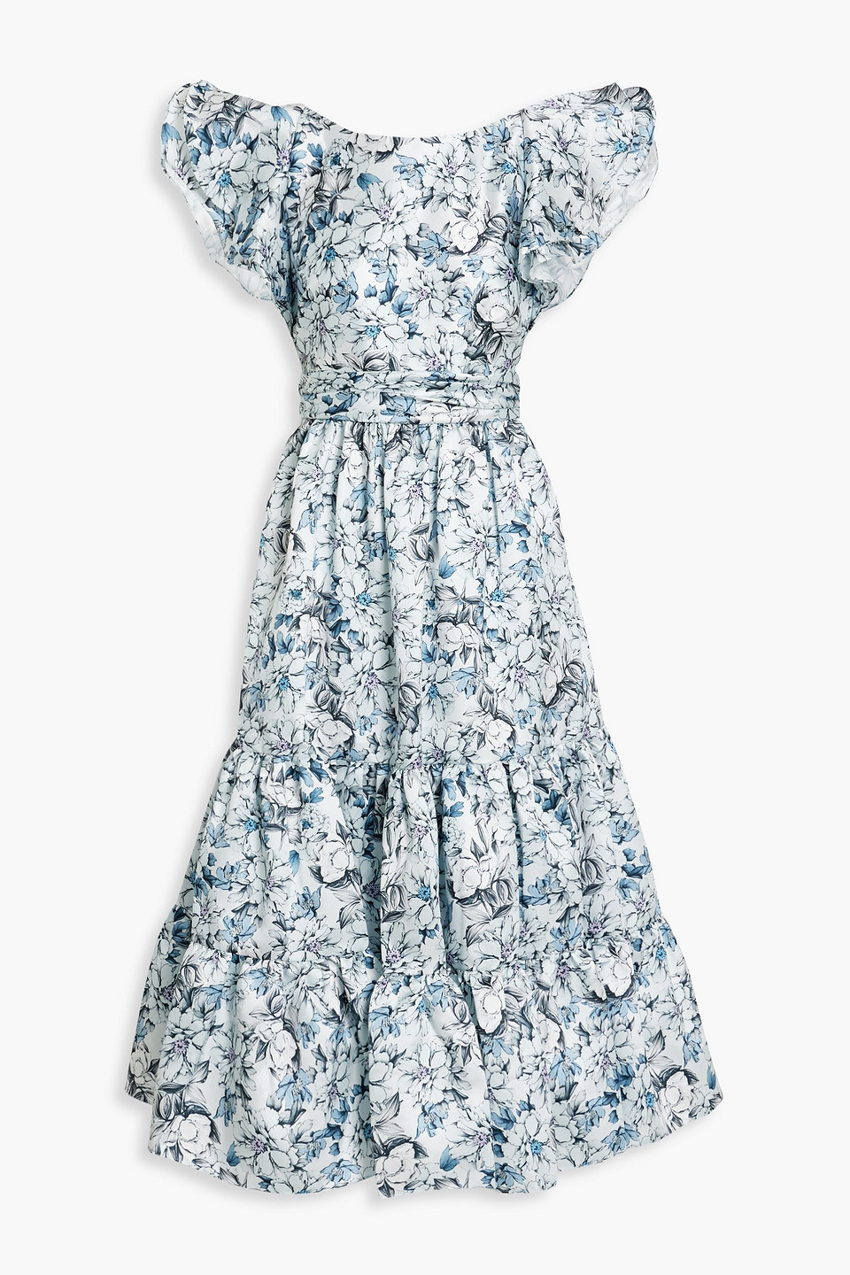 Badgley Mischka Ruffled Floral-print Satin-twill Midi Dress In Blue Multi